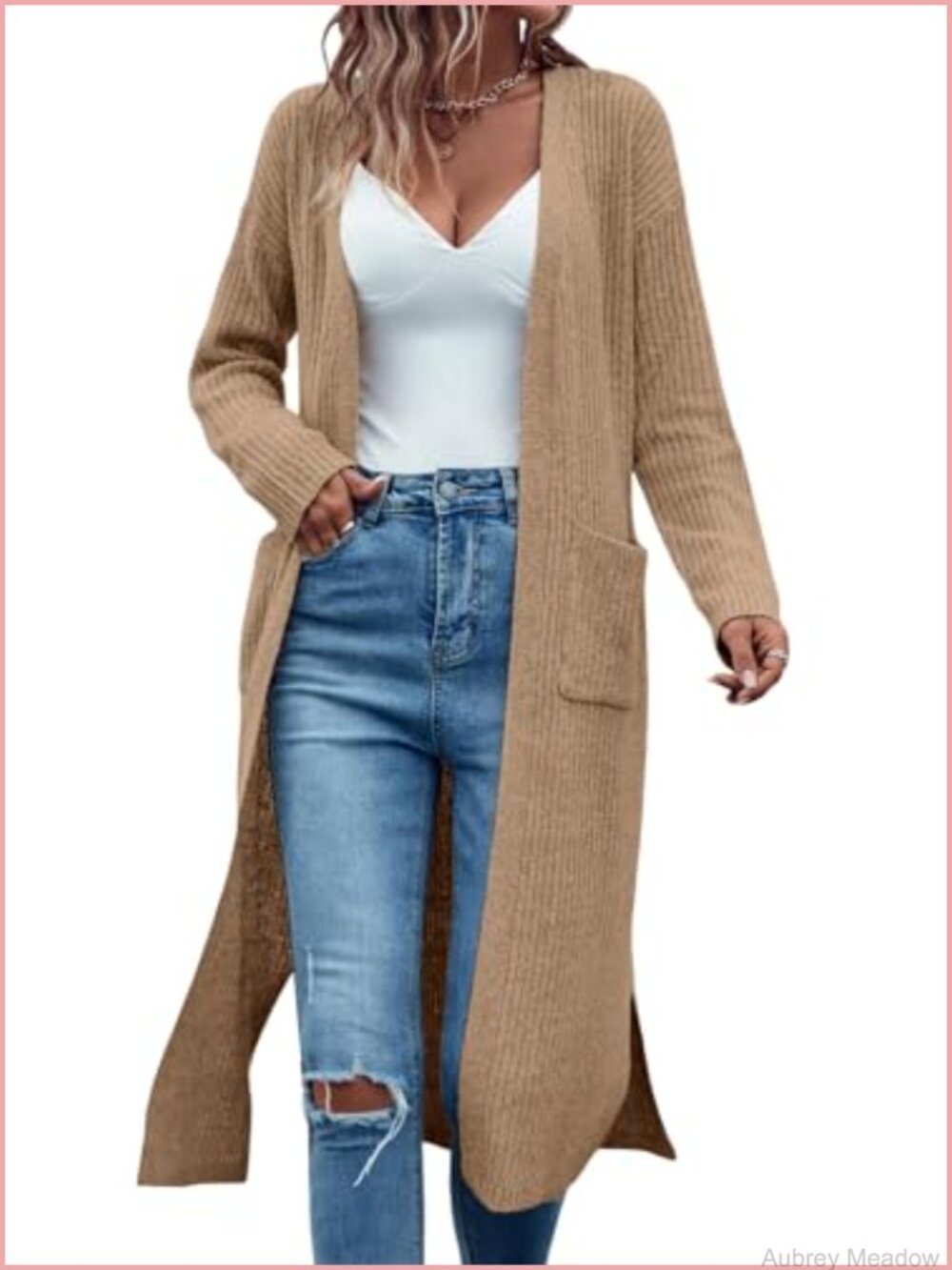 Long Open Front Duster Cardigan Sweater with Pockets Womens